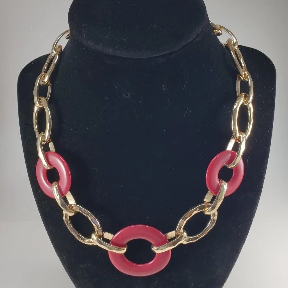 Gold Statement Necklace – Bold Red Burgundy Hoop Design - Women's Jewelry